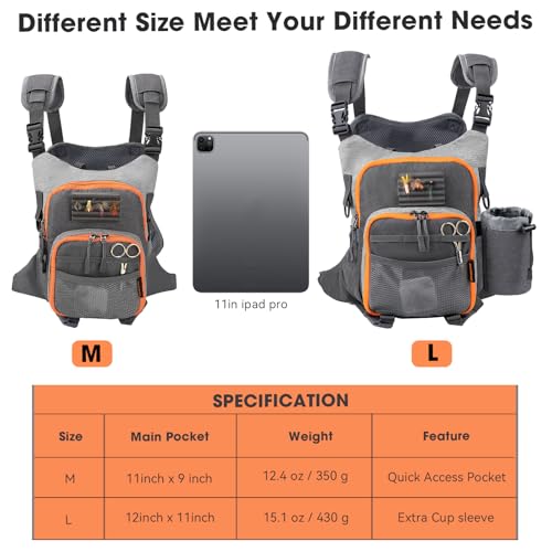 Fly Fishing Chest Pack Vest with Orange & Grey Variation, Large Capacity Tackle Bag