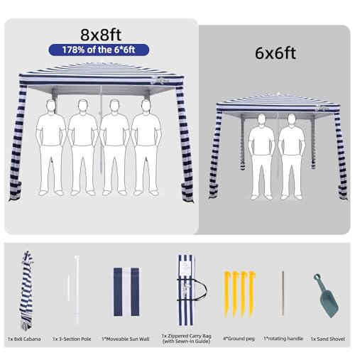 Jihfmo 8x8 Ft Large Beach Cabana Tent with UPF 50+ UV Protection, Blue Stripes, Fits 6-8 People