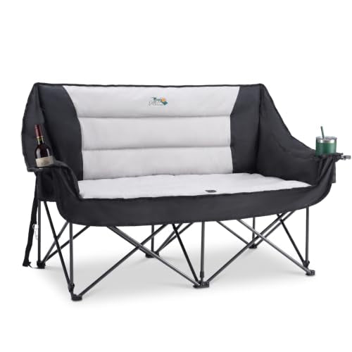 Oversized Padded Double Camping Chair - Black, Folding Outdoor Loveseat
