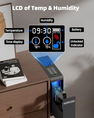 Biometric LCD Gun Safe with 3 Access Methods - Bedside Pistol Lock Box for Nightstand, Wall, Desk, Black+Silver