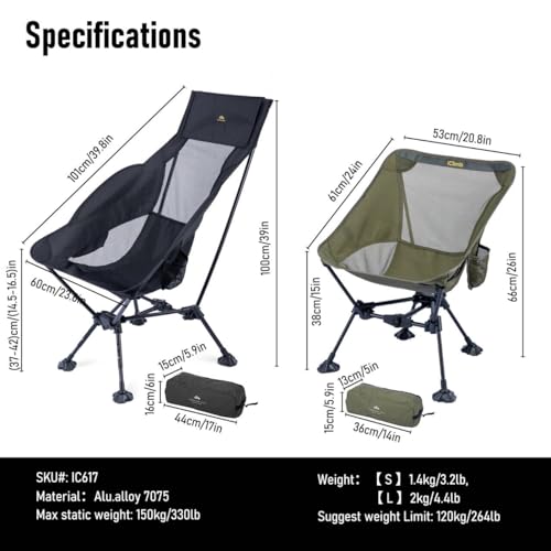 iClimb Green Ultralight Folding Anti-Sinking Camping Chair - High Back, 16.5 Inch Seat