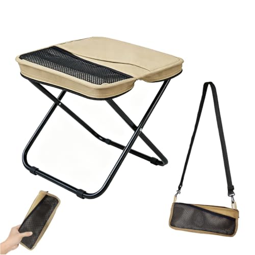 Khaki Portable Folding Camping Stool with Side Pocket - Lightweight, Supports 300 lbs
