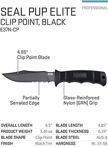 SOG Fixed Blade Knife with Sheath - SEAL Pup Tactical Survival & Hunting Knife, 4.75 Inch Blade, Nylon Sheath - Variation: SEAL Pup Nylon Sheath