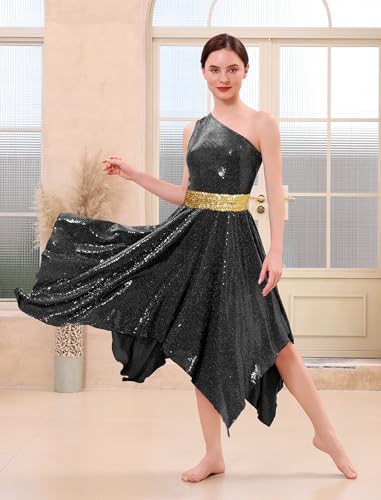 XX-Large Black Shiny Sequin One-Shoulder Dance Overlay Dress for Worship