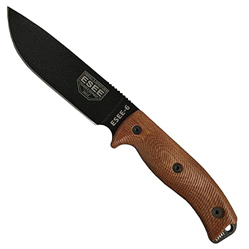 ESEE-6 Fixed Blade Knife with 1095 Carbon Steel Blade and Micarta Handle - Black Sheath, Variation: Black Blade, Natural Canvas Micarta 3D Handle