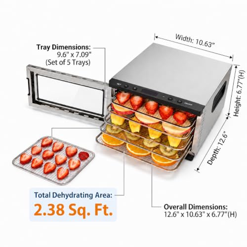 Food Dehydrator Machine with 5 Stainless Steel Trays - Digital Timer & Temperature Control - Silver - Model 2015YJ