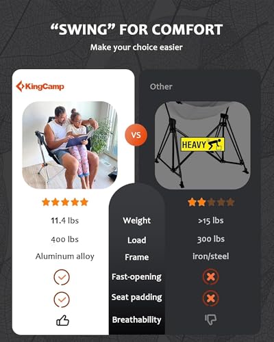 KingCamp Hammock Chair with Footrest - Deluxe Black/Grey Swinging Outdoor Chair for Relaxation, Supports 400lbs