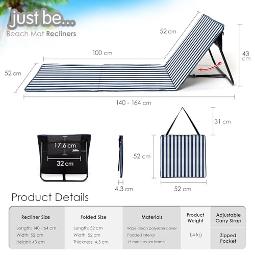 Just Be... Blue Stripes 2-Pack Foldable Beach Chair Mats with Backrest & Storage