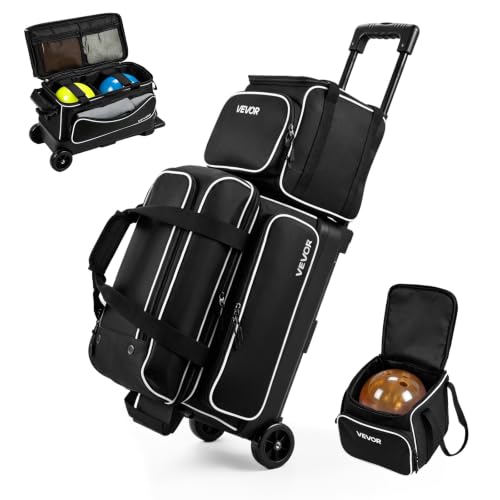 VEVOR Black 3-Ball Bowling Bag Double Roller with Shoe Compartment