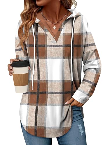 Oversized Hooded Sweatshirt for Women - Medium Plaid Brown Pullover