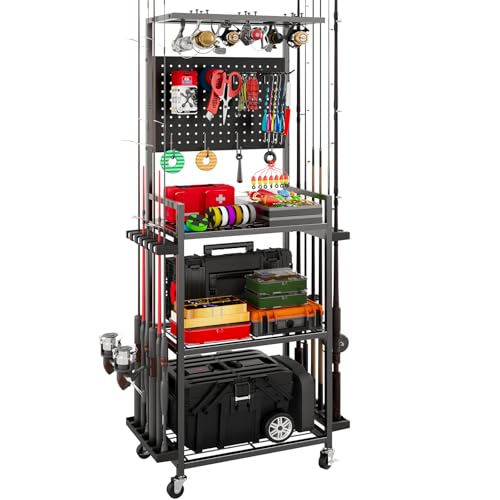 SEEAHEAD Black 12-Rod Garage Fishing Tackle Storage Cart with Wheels