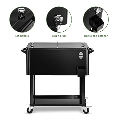80 Qt Rolling Ice Chest Cooler Cart - Black, Portable Beverage Trolley