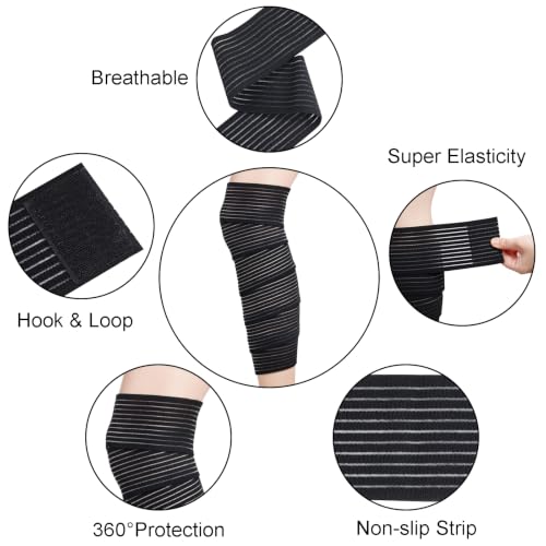 Black Elastic Calf Compression Bandages 4-Piece Support Wraps for Leg & Knee