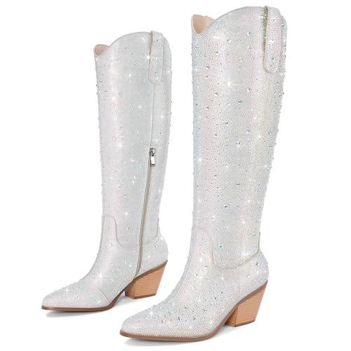 RONILURN Rhinestone Cowboy Boots Women Sparkly Ankle Cowgirl Boots - Multicolor, Knee High