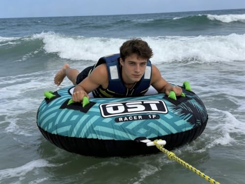 OST Outdoor Racer 1P Towable Tube for Boating - Inflatable Water Tube with Heavy-Duty PVC & Nylon Cover, 4 Handles, Quick Connect System
