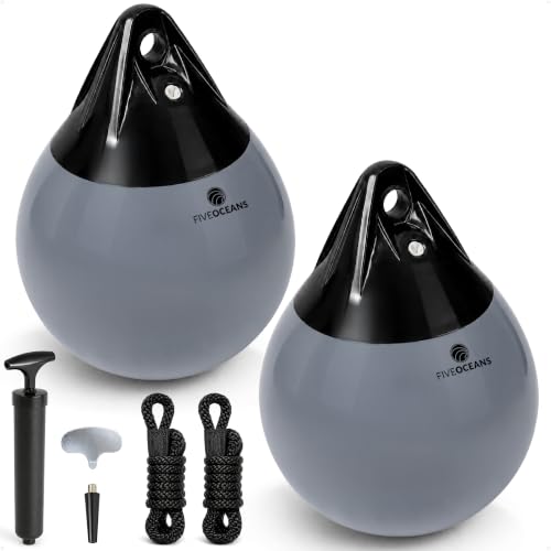 Five Oceans 12x15 Inch Boat Buoy 2-Pack Gray & Black Marine-Grade Vinyl with Ropes & Pump