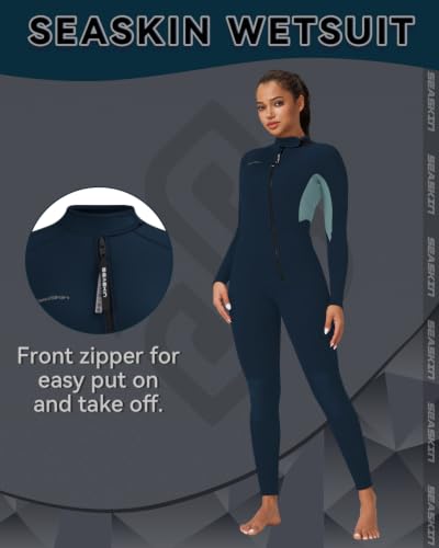 Navy Blue 3mm Neoprene Wetsuit for Women - Full Body Diving Suit with Front Zip