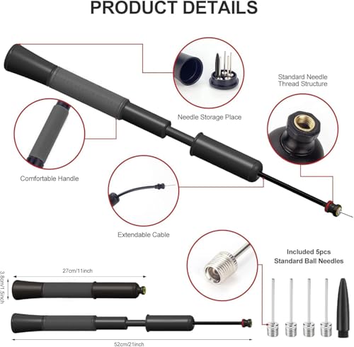 Ball Pump with Needle Storage & Extension Hose - Black, 5 Needles