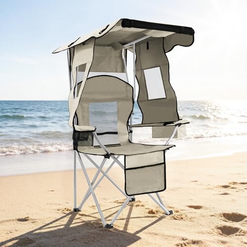 Cream White Camping Chair with Canopy & Cup Holder - Portable Folding Recliner for Adults