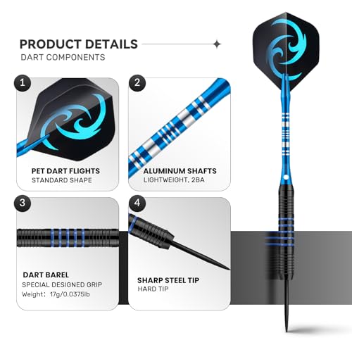 24g Steel Tip Darts Set with Aluminum Shafts & Sharpener - Professional Dart Kit for Adults