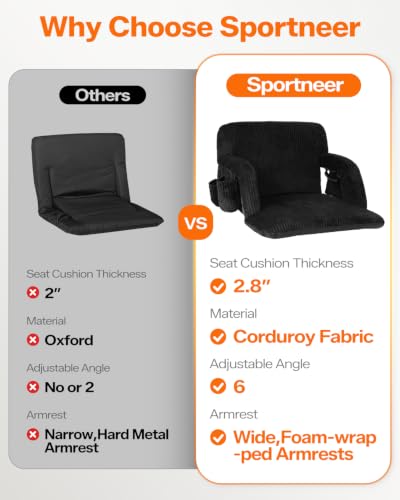 Sportneer Stadium Seat with Back Support Black 24 Inch Wide & Padded