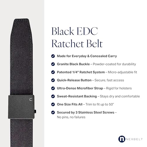 Nexbelt Supreme EDC Tactical Gun Belt for Concealed Carry, Black - No-Hole Adjustable Belt, IWB & OWB