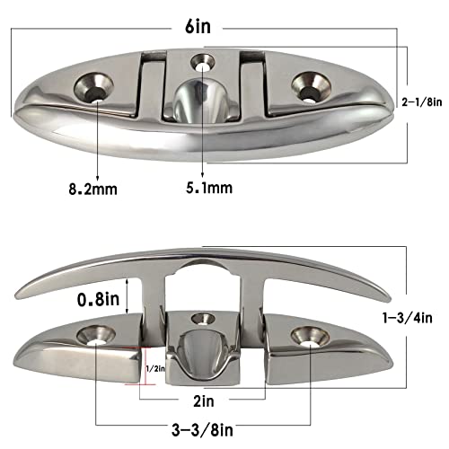 VEITHI 6-Inch Stainless Steel Folding Boat Cleats with Back Plates, Pack of 4