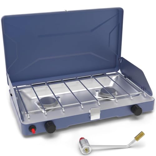 Portable Camping Stove with 2 Burners - Propane Gas Cooktop, Windshield & One-Touch Ignition