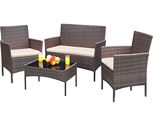 Outdoor Patio Furniture 4-Piece Conversation Set with Cushions - Black and Beige