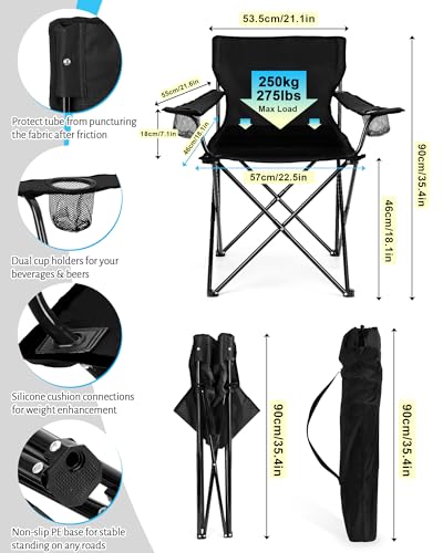 HaSteeL 2 Pack Black Folding Camping Chairs with Detachable UV Umbrellas, Portable Beach & Lawn Chairs, Supports 275lbs