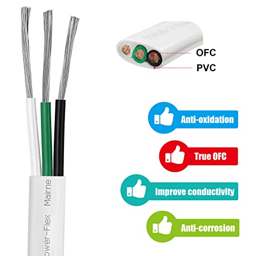 Marine Grade 10 Gauge Triplex Boat Cable 50FT Tinned Copper Wire - Waterproof & Corrosion Resistant
