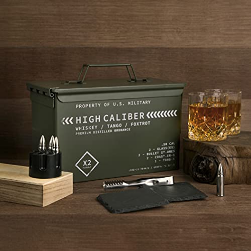 Whiskey Gift Set with Glasses Stones Coasters and Tongs in Tactical Box - Perfect for Men