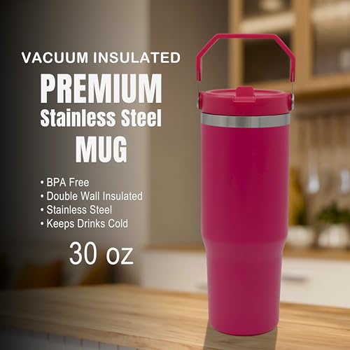 Hot Pink 30oz Insulated Stainless Steel Water Bottle with Handle - Leakproof Straw Lid