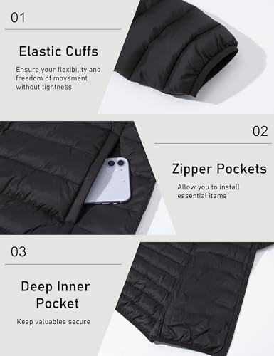 Men's Lightweight Puffer Jacket Hooded Winter Coat Black XL - Water-Resistant Quilted Bubble