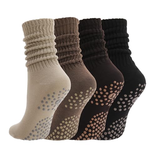 3/4/5 Pairs Slouchy Pilates Socks with Grips - Black, Dark Brown, Light Brown, Khaki