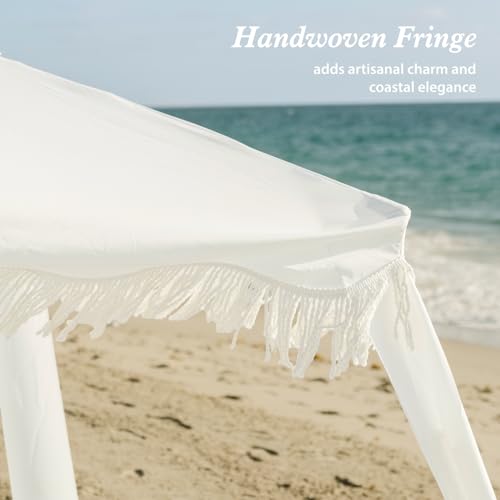 White Fringe Beach Cabana with Wood Poles | 7x7 ft Boho Canopy, UV Protection, Easy Setup