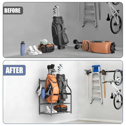 WALMANN Wall-Mounted Golf Bag Organizer with Rolling Storage Rack, Steel Frame