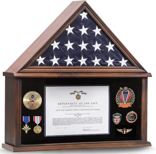 Walnut Finish Burial Flag Display Case Large - 5x9.5 Military Flag Shadow Box with Glass