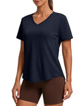 PINSPARK V Neck Workout Tops for Women Short Sleeve Quick Dry Shirt Large Dark Navy