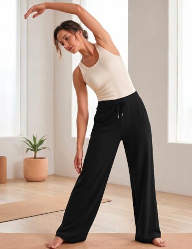 LOMON Women's Wide Leg High Waist Lounge Joggers - Large Black