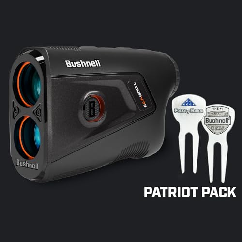 Bushnell Tour V7 Shift Laser Rangefinder Patriot Pack with Towel Bundle - 1300 Yard, Slope Tech, Magnetic Mount, Dual Display