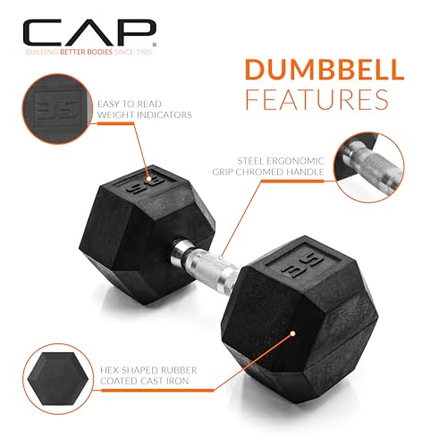 CAP 35 lb Chrome Handle Rubber Coated Dumbbell Pair - Anti-Roll Hex Weights