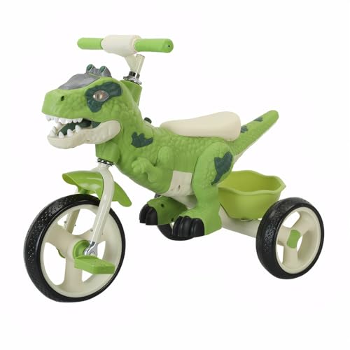 VIZZTY Dinosaur Kids Tricycle with Music & Storage Basket - Green, 3-7 Years
