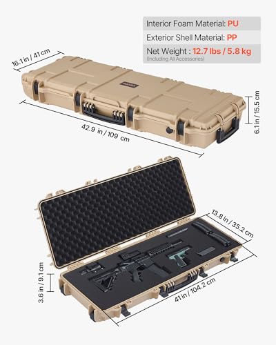 VEVOR 42 Inch Khaki Waterproof Hard Rifle Case with Wheels & 4 Layers Foam