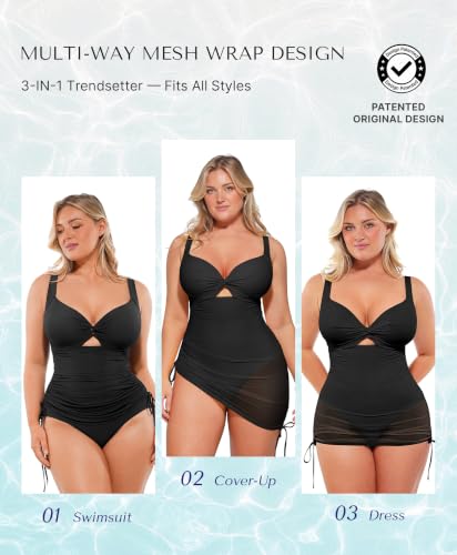 SHAPELLX Black X-Large Tummy Control One-Piece Swimsuit with Mesh Wrap Skirt - Swim Dress