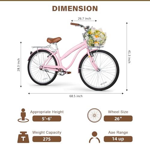 Pink 26-Inch Beach Cruiser Bike for Men Women City Commuter Bicycle