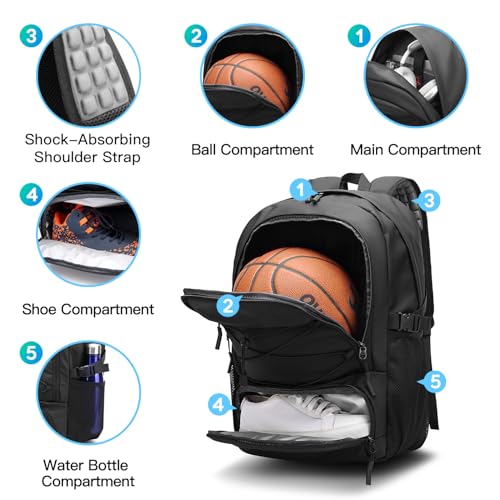 Large Sports Backpack with Ball & Shoe Compartments for Basketball, Soccer, Volleyball
