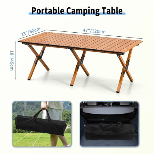 KAIHAOWIN 4Ft Aluminum Folding Camping Table with Wood Upgraded Finish, Portable Outdoor Picnic & Beach Table