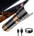 SKYFIRE Rechargeable Super Bright Tactical Flashlight SF1097-Black&Gold-Plus-Lens, 3000lm, Waterproof, Zoomable, Fire Starting, 50H Runtime