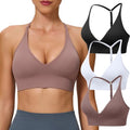 Women's Sports Bras Deep V Neck Adjustable Y Back Spaghetti Strap Racerback Padded Wireless Yoga Workout Tops - 3 Pack, Medium, Black White Brown